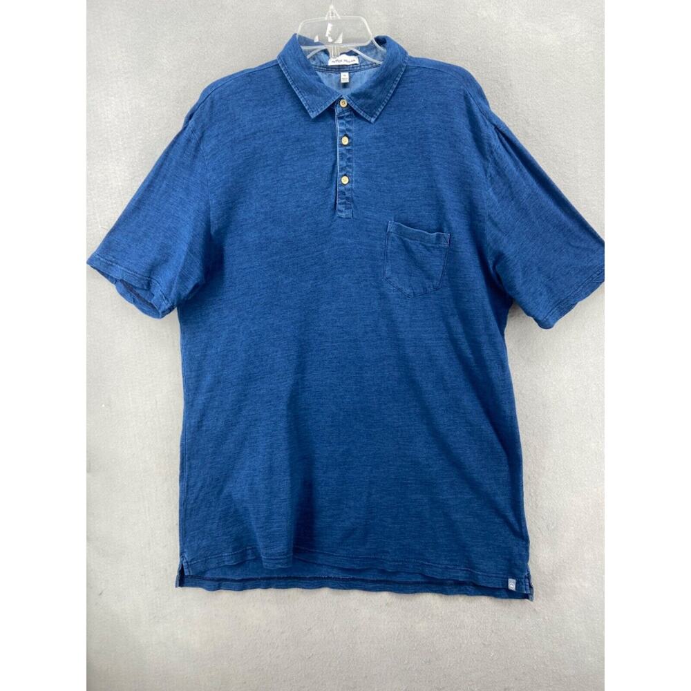 Peter Millar Polo Shirt Mens XL Blue Short Sleeve Denim Look 100%‎ Cotton